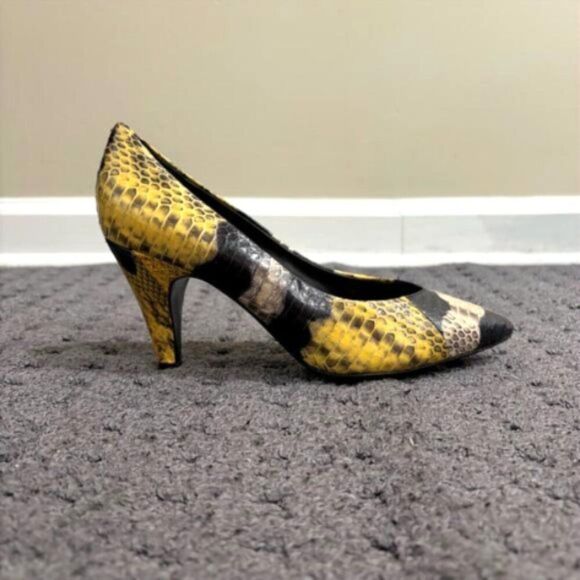 Sandro Paris Women Snake Print Python Pumps Heels Size 37 EU Yellow Black - Picture 1 of 9